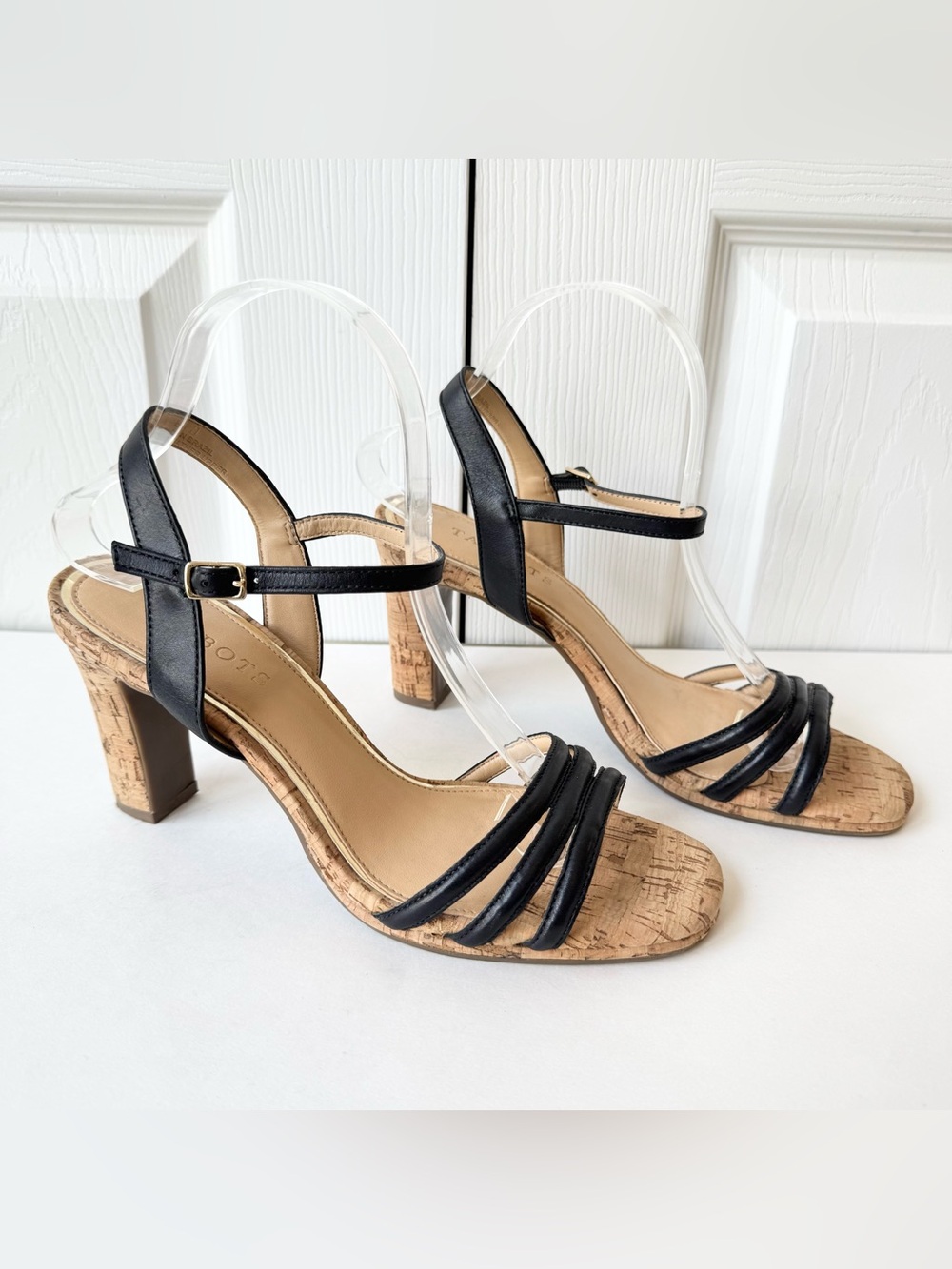Talbots Black Leather Sandals Size 8.5 Cork Heel Classic Resort Wedding Guest